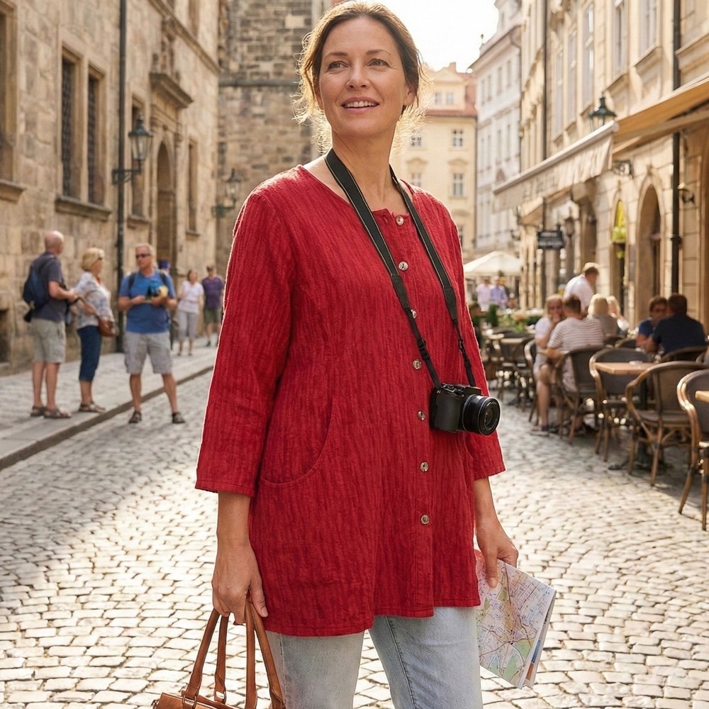 Soft Surroundings Ellis Tunic Red‎ Textured Button Front 3/4 Sleeve Cardigan XL